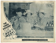 Complete Set of 4 Lobby Cards for the 1947 Three Stooges Film ''Out West'' -- Each Measures 14'' x 11'' -- Mild Toning, Creasing & Wear, With Some Moisture Exposure to Tops; Very Good Condition